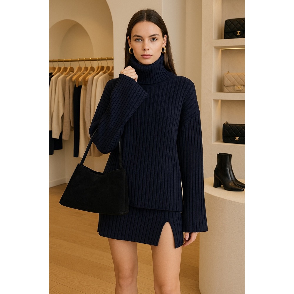 Commense Plain Ribbed Split Sweater Skirt Set Navy size S
